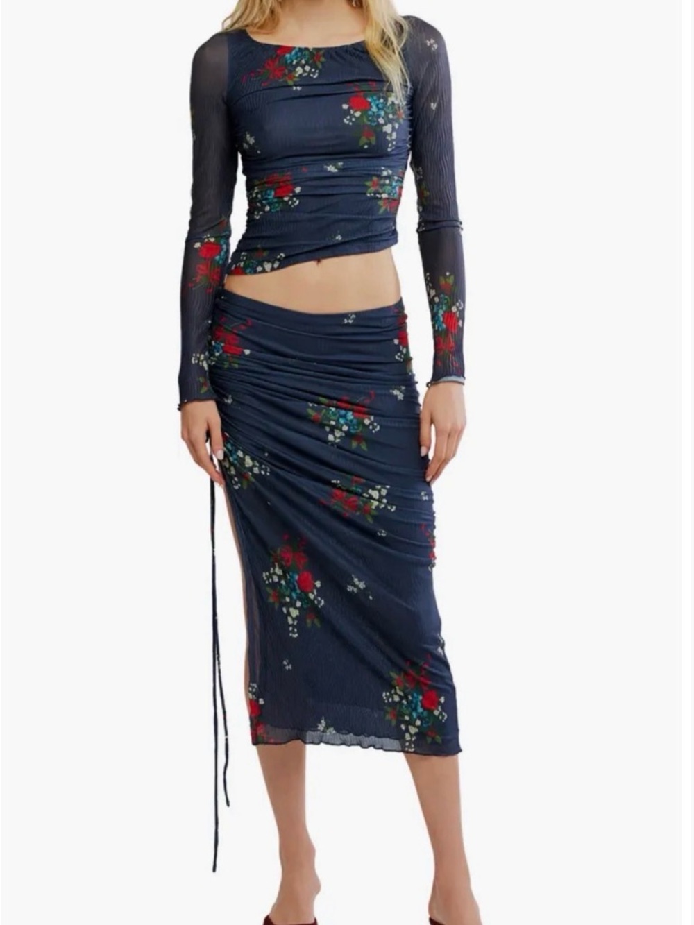 Free People Crimson Lights Floral Mesh Crop Top & Skirt Set